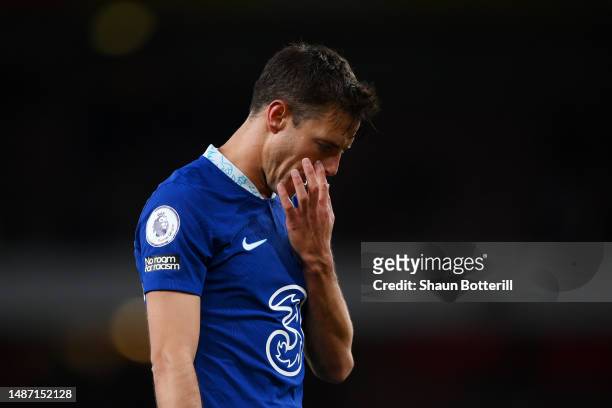 Cesar Azpilicueta of Chelsea looks dejected following their side's defeat to Arsenal during the Premier League match between Arsenal FC and Chelsea...