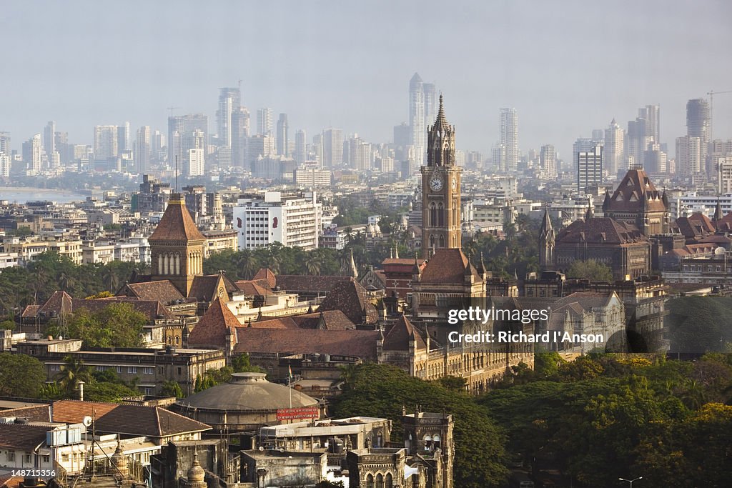 Rajabai Clock Tower rising above High Court buildings and grounds of University of Mumbai.