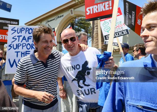 Rob Lowe , John Owen Lowe and members of the Writers Guild of America and supporters picket outside of Paramount Pictures on May 02, 2023 in Los...