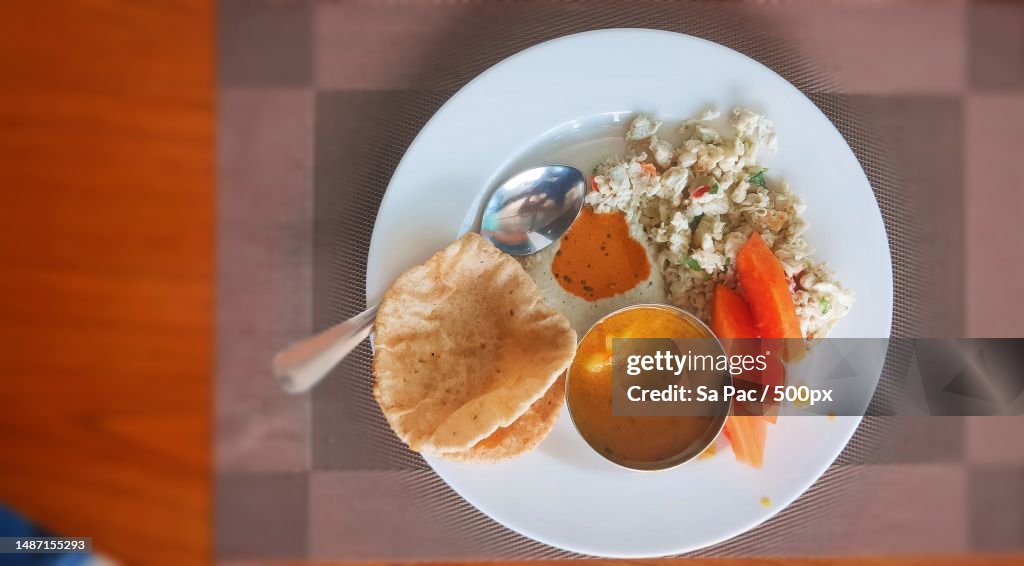 Directly above shot of food in plate on table,Kumaon Division,Uttarakhand,India