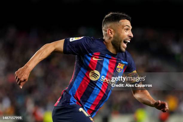 Jordi Alba of FC Barcelona celebrates after scoring the team's first goal during the LaLiga Santander match between FC Barcelona and CA Osasuna at...