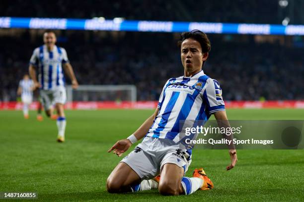 Takefusa Kubo of Real Sociedad celebrates after scoring his team's first goal during the LaLiga Santander match between Real Sociedad and Real Madrid...