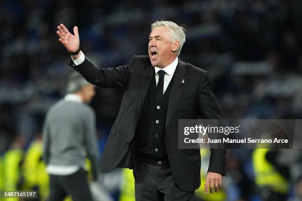 Carlo Ancelotti, Head Coach of Real Madrid, reacts during the LaLiga Santander match between Real Sociedad and Real Madrid CF at Reale Arena on May...