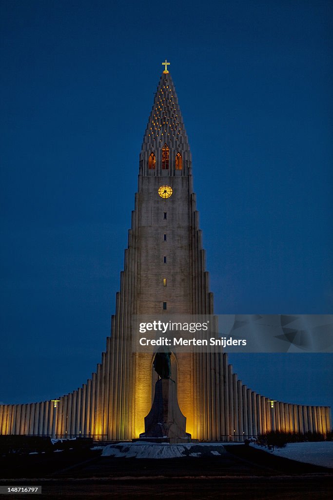 Hallgrims Church (Hallgrimskirkja) at blue hour.