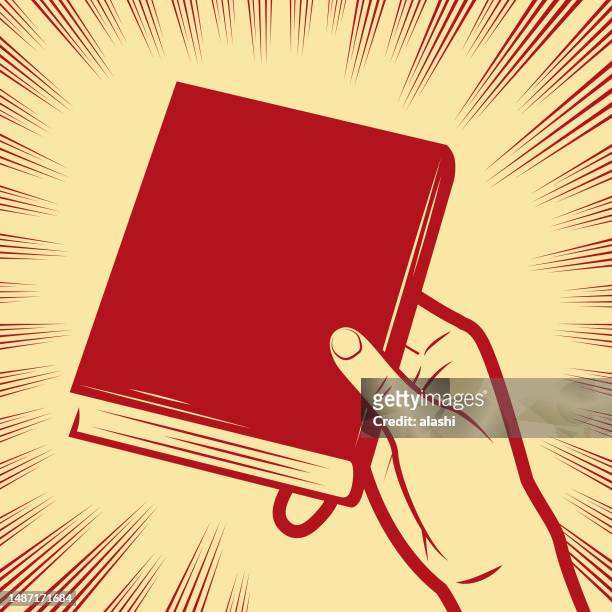 a hand holding a book in the background with radial manga speed lines - book binding stock illustrations