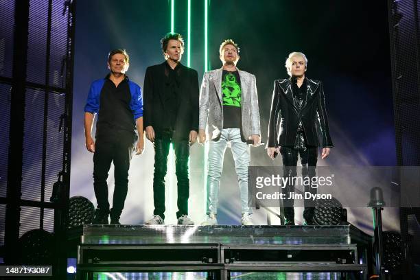 Roger Taylor, John Taylor, Simon Le Bon and Nick Rhodes of Duran Duran perform on stage during the Future Past tour at The O2 Arena on May 02, 2023...