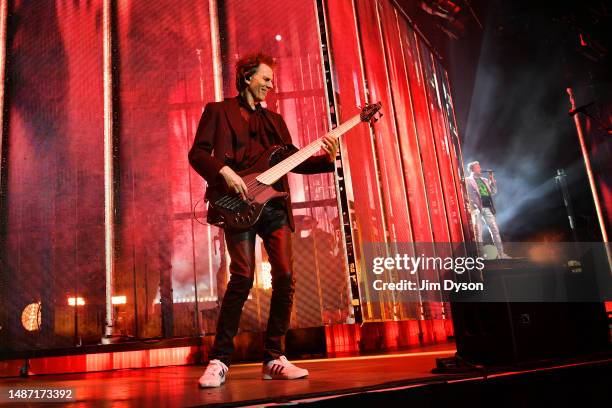 John Taylor of Duran Duran performs on stage during the Future Past tour at The O2 Arena on May 02, 2023 in London, England.