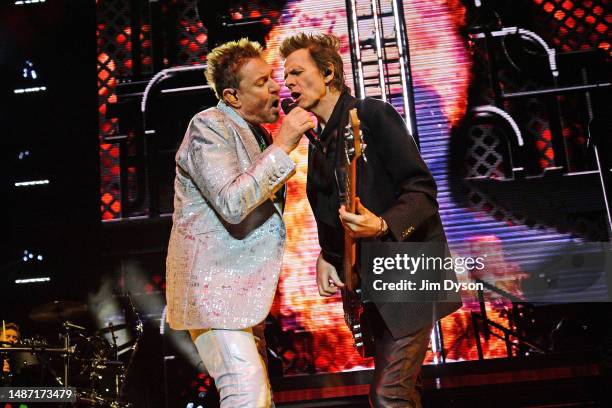 John Taylor and Simon Le Bon of Duran Duran perform on stage during the Future Past tour at The O2 Arena on May 02, 2023 in London, England.