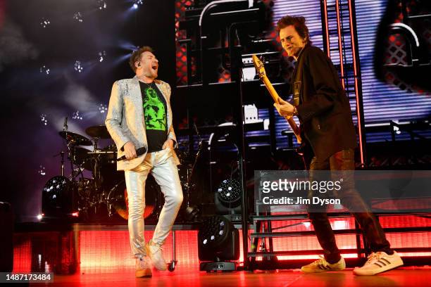 John Taylor and Simon Le Bon of Duran Duran perform on stage during the Future Past tour at The O2 Arena on May 02, 2023 in London, England.