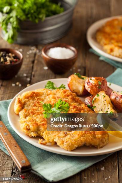 homemade breaded german weiner schnitzel with potatoes,romania - wiener schnitzel stock pictures, royalty-free photos & images