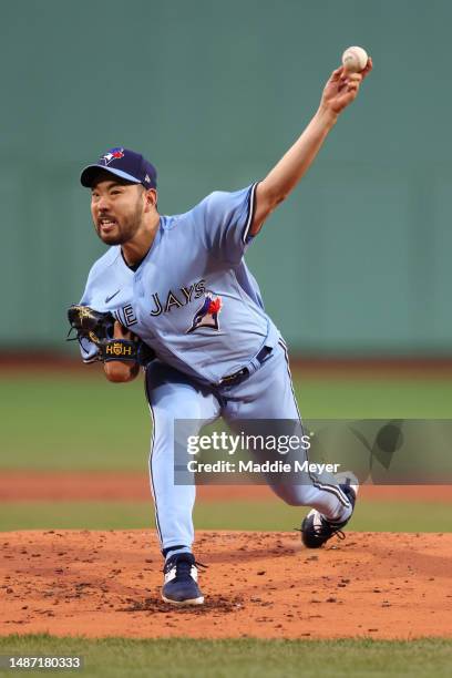 Starting pitcher Yusei Kikuchi of the Toronto Blue Jays throws against the Boston Red Sox during the first inning at Fenway Park on May 02, 2023 in...
