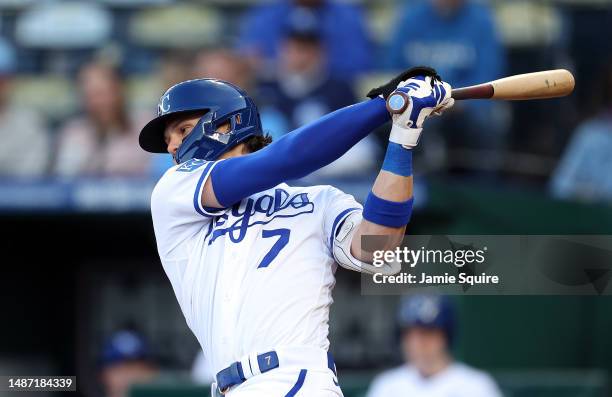 Bobby Witt Jr. #7 of the Kansas City Royals bats during the 1st inning of the game against the Baltimore Orioles at Kauffman Stadium on May 02, 2023...