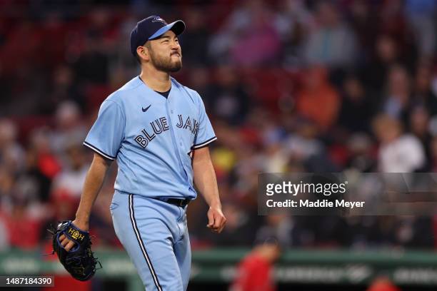 Starting pitcher Yusei Kikuchi of the Toronto Blue Jays reacts after pitching against the Boston Red Sox during the second inning at Fenway Park on...