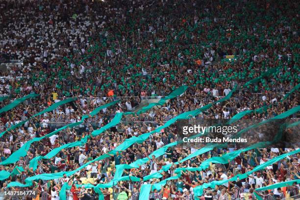 Fans of Fluminense cheer on their team prior to the Copa CONMEBOL Libertadores 2023 group D match between Fluminense and River Plate at Maracana...