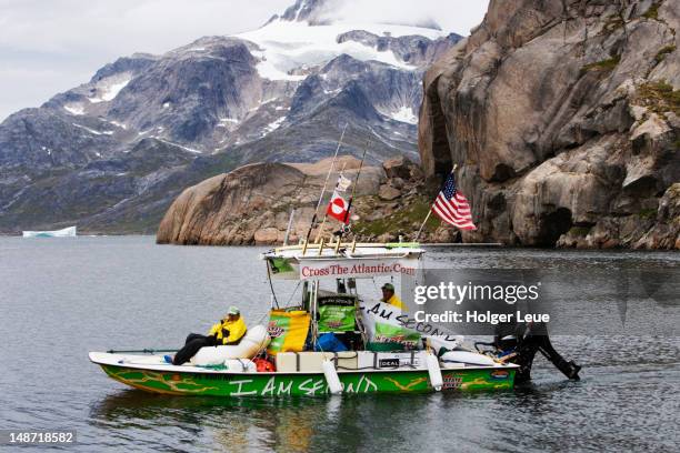 crosstheatlantic.com boat "i am second" arriving in prince christian sound. - prince christian sound greenland stock pictures, royalty-free photos & images