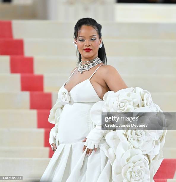 Rihanna attends The 2023 Met Gala Celebrating "Karl Lagerfeld: A Line Of Beauty" at The Metropolitan Museum of Art on May 01, 2023 in New York City.