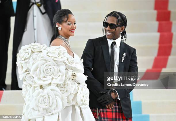 Rihanna and A$AP Rocky attend The 2023 Met Gala Celebrating "Karl Lagerfeld: A Line Of Beauty" at The Metropolitan Museum of Art on May 01, 2023 in...