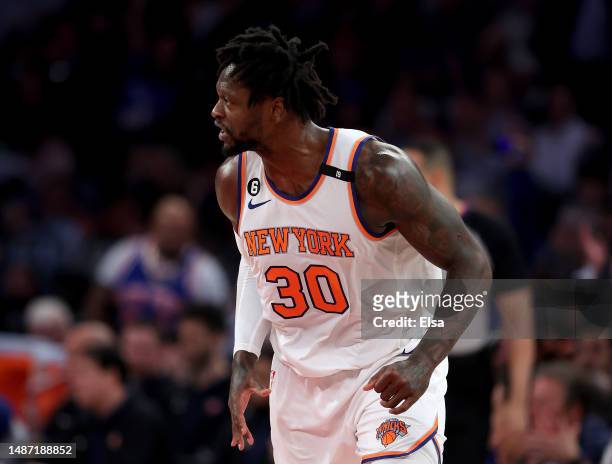 Julius Randle of the New York Knicks celebrates his three point shot in the first half against the Miami Heat during game two of the Eastern...