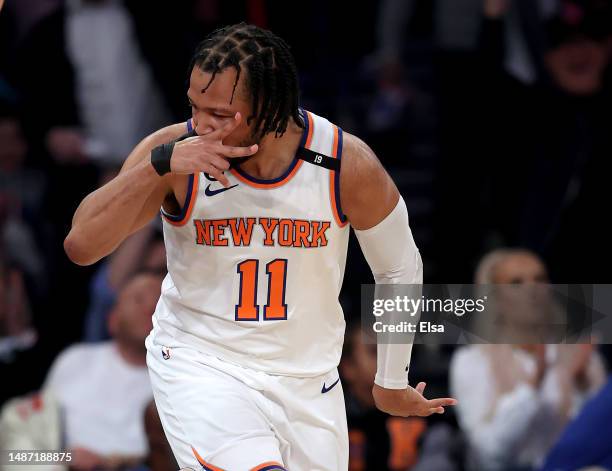 Jalen Brunson of the New York Knicks celebrates his three point shot in the first half against the Miami Heat during game two of the Eastern...