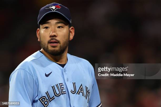 Yusei Kikuchi of the Toronto Blue Jays looks on after pitching against the Boston Red Sox during the third inning at Fenway Park on May 02, 2023 in...
