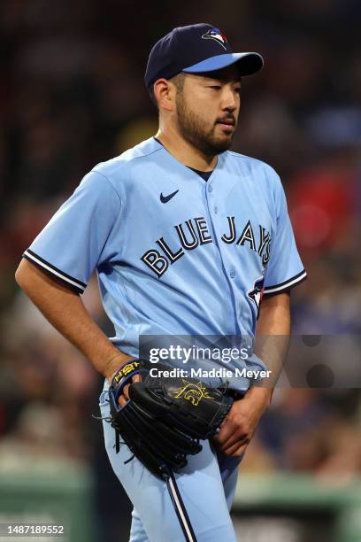 Yusei Kikuchi of the Toronto Blue Jays looks on after pitching against the Boston Red Sox during the third inning at Fenway Park on May 02, 2023 in...