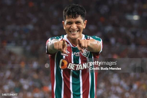 Germán Cano of Fluminense celebrates after scoring the team's second goal during the Copa CONMEBOL Libertadores 2023 group D match between Fluminense...