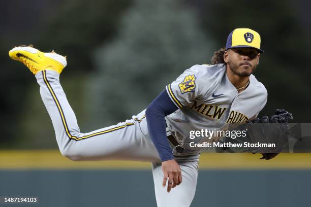 Starting pitcher Freddy Peralta of the Milwaukee Brewers throws against the Colorado Rockies in the first inning at Coors Field on May 02, 2023 in...