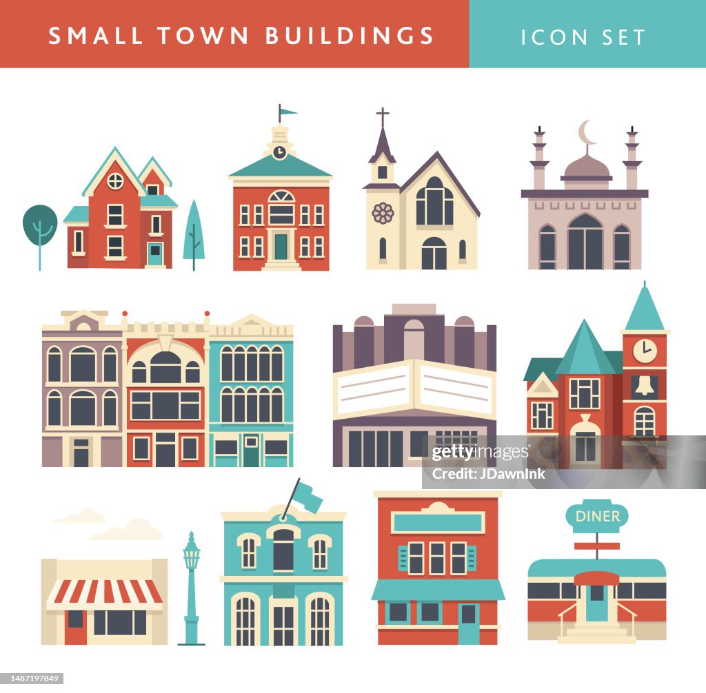 Small town community buildings colorful Icon set Victorian house, schoolhouse,church,mosque,downtown, theatre, clock tower