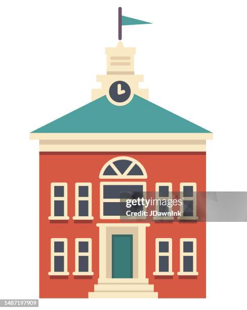 small town community building school house colorful icon - schoolhouse stock illustrations