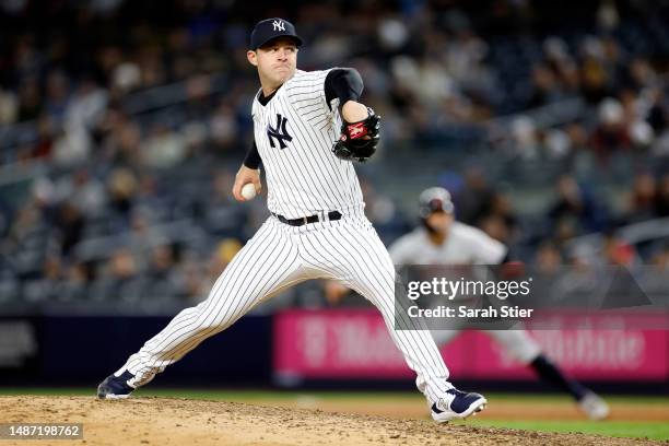 Michael King of the New York Yankees pitches during the eighth inning against the Cleveland Guardians at Yankee Stadium on May 02, 2023 in the Bronx...