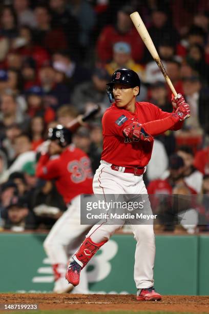 Masataka Yoshida of the Boston Red Sox at bat against the Toronto Blue Jays during the seventh inning at Fenway Park on May 02, 2023 in Boston,...