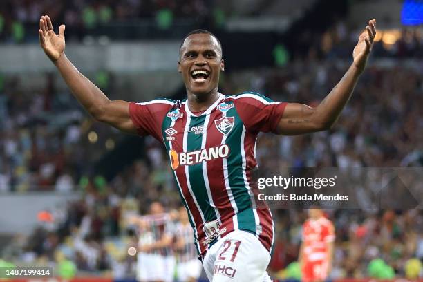 John Arias of Fluminense celebrates after scoring the team's fifth goal during the Copa CONMEBOL Libertadores 2023 group D match between Fluminense...