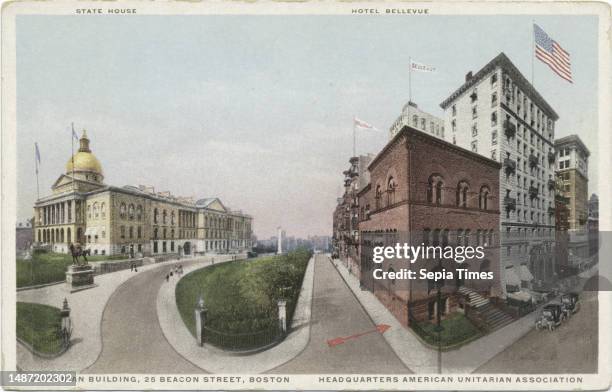 Unitarian Building, 25 Beacon Street Boston, Headquarters American Unitarian Association, State House, Hotel Bellevue, still image, Postcards, 1898