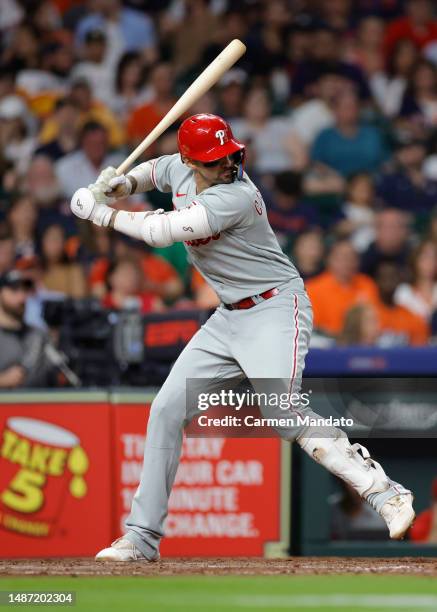 Nick Castellanos of the Philadelphia Phillies in action against the Houston Astros at Minute Maid Park on April 30, 2023 in Houston, Texas.