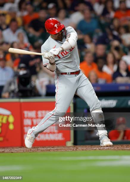 Nick Castellanos of the Philadelphia Phillies in action against the Houston Astros at Minute Maid Park on April 30, 2023 in Houston, Texas.