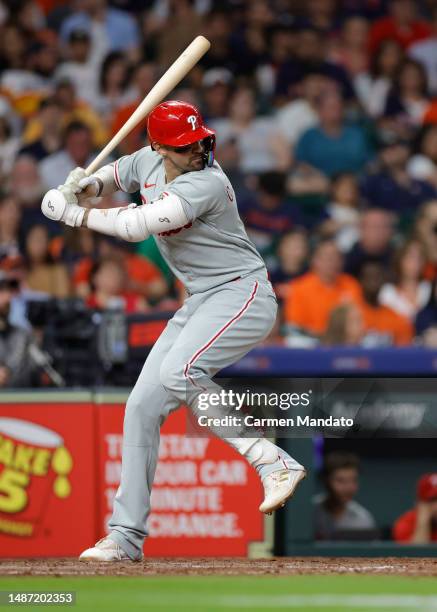 Nick Castellanos of the Philadelphia Phillies in action against the Houston Astros at Minute Maid Park on April 30, 2023 in Houston, Texas.