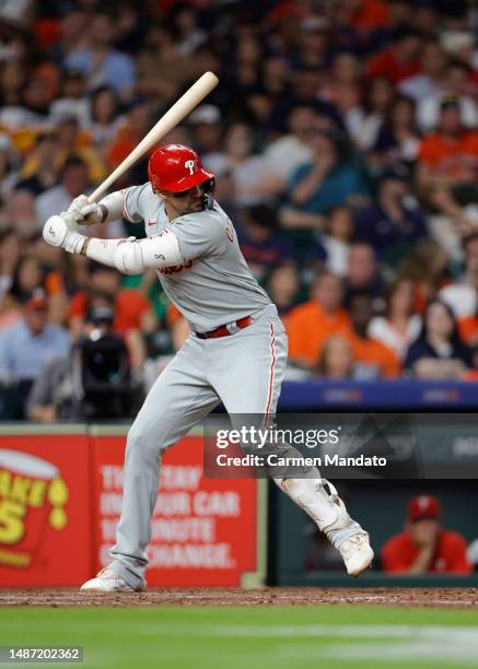 Nick Castellanos of the Philadelphia Phillies in action against the Houston Astros at Minute Maid Park on April 30, 2023 in Houston, Texas.