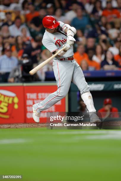 Nick Castellanos of the Philadelphia Phillies in action against the Houston Astros at Minute Maid Park on April 30, 2023 in Houston, Texas.