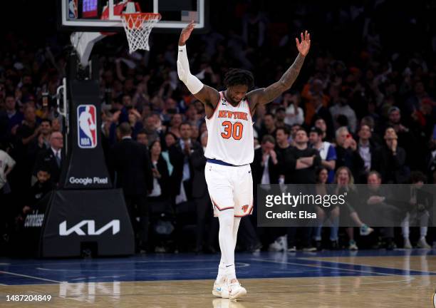 Julius Randle of the New York Knicks celebrates late in the fourth quarter against the Miami Heat during game two of the Eastern Conference...