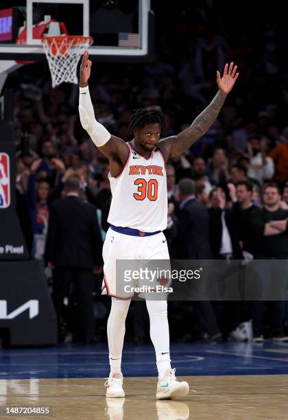 Julius Randle of the New York Knicks celebrates late in the fourth quarter against the Miami Heat during game two of the Eastern Conference...