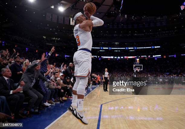 Josh Hart of the New York Knicks shoots a three point shot late in the fourth quarter against the Miami Heat during game two of the Eastern...