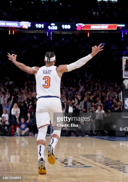 Josh Hart of the New York Knicks celebrates his three point shot late in the fourth quarter against the Miami Heat during game two of the Eastern...
