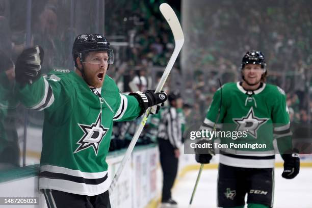 Joe Pavelski of the Dallas Stars celebrates after scoring a goal against the Seattle Kraken in the first period in Game One of the Second Round of...