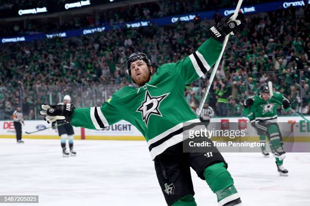 Joe Pavelski of the Dallas Stars celebrates after scoring a goal against the Seattle Kraken in the first period in Game One of the Second Round of...