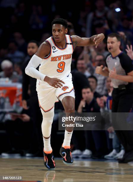 Barrett of the New York Knicks celebrates his three point shot in the first half against the Miami Heat during game two of the Eastern Conference...