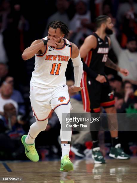 Jalen Brunson of the New York Knicks celebrates his three point shot in the first half against the Miami Heat during game two of the Eastern...