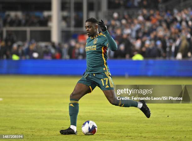 Chris Mavinga of Los Angeles Galaxy dribbles out of the box during a game between Los Angeles Galaxy and Sporting Kansas City at Children's Mercy...