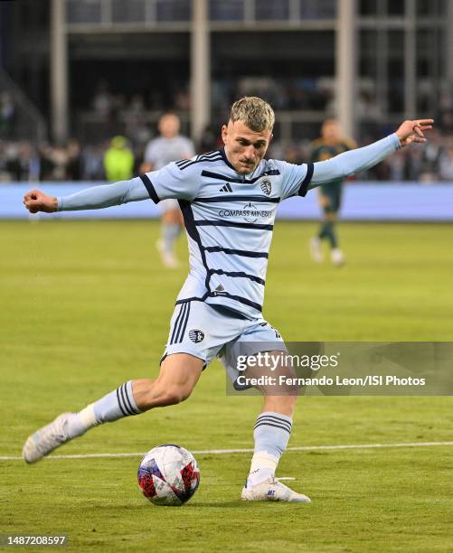 Marinos Tzionis of Sporting Kansas City shoots on goal during a game between Los Angeles Galaxy and Sporting Kansas City at Children's Mercy Park on...