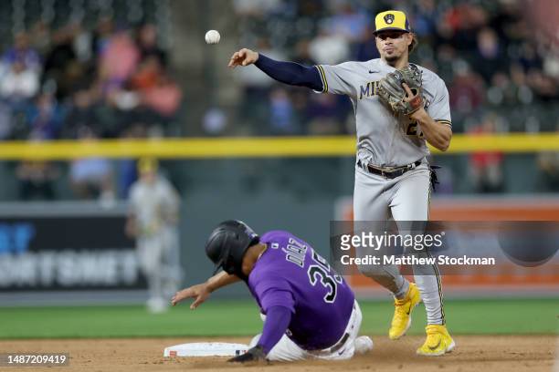Willy Adams of the Milwaukee Brewers turns the first half of a double play against Elias Diaz of the Colorado Rockies in the eighth inning at Coors...
