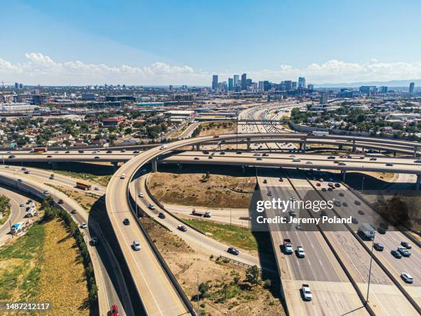 high angle view of a large highway interchange north denver, colorado - denver summer stock pictures, royalty-free photos & images